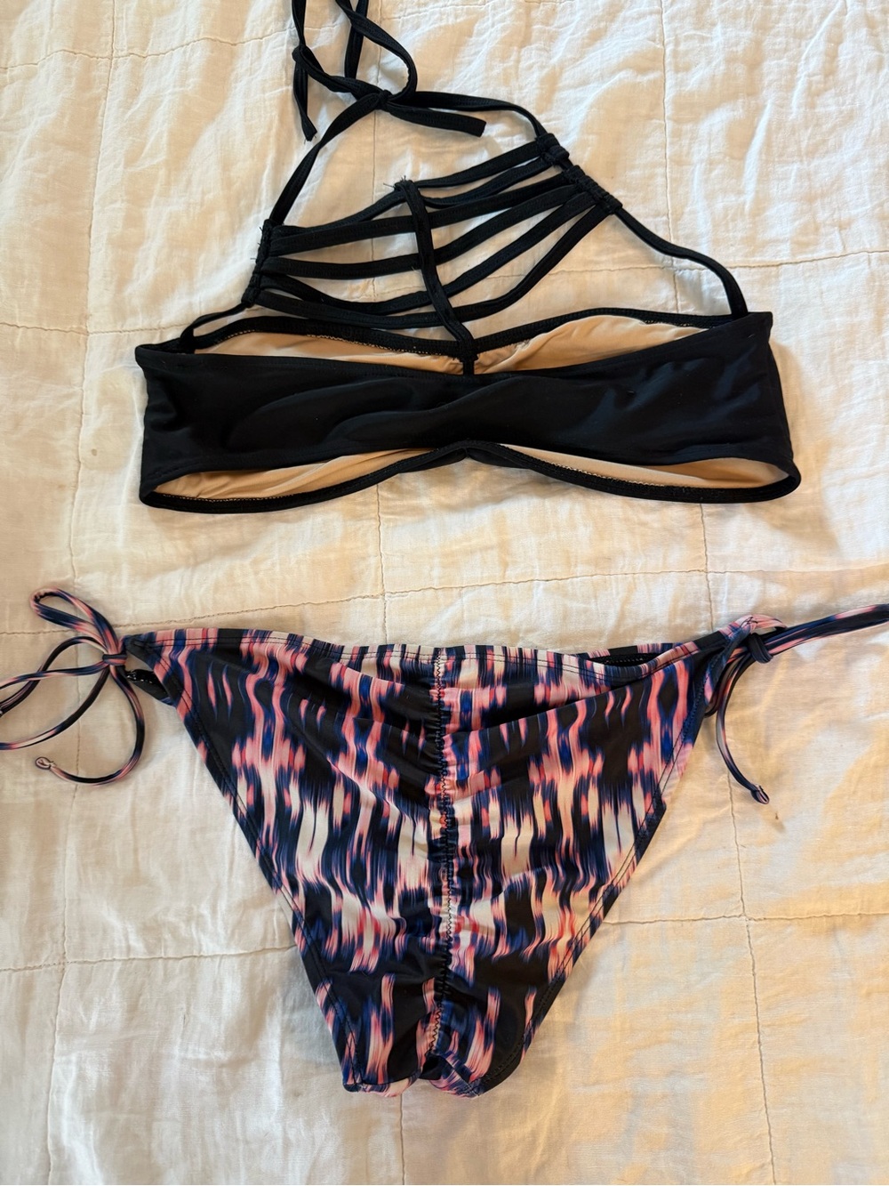 Black Multi-strap Strappy Bikini top and unique colorful bottoms - Picture 2 of 5